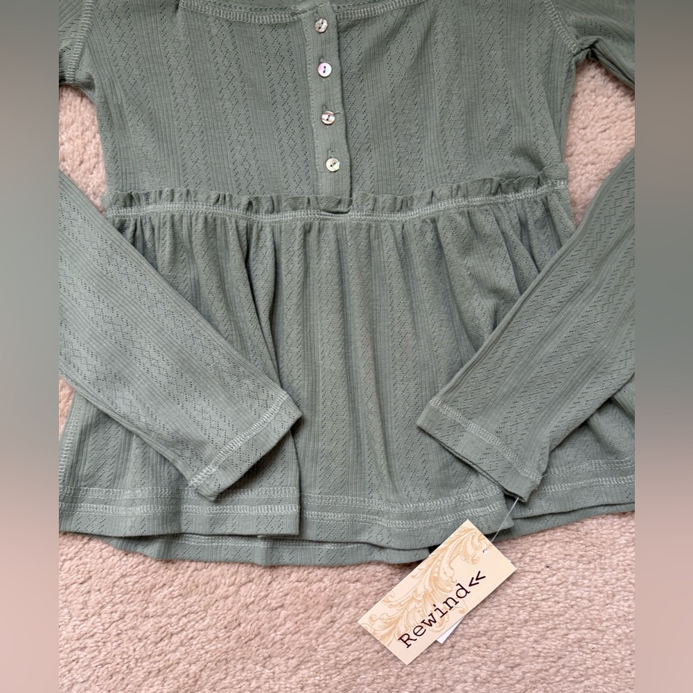NWT BABYDOLL TOP LONG SLEEVE GREEN BLOUSE BUTTON Y2K COQUETTE COTTAGECORE M - Picture 4 of 7